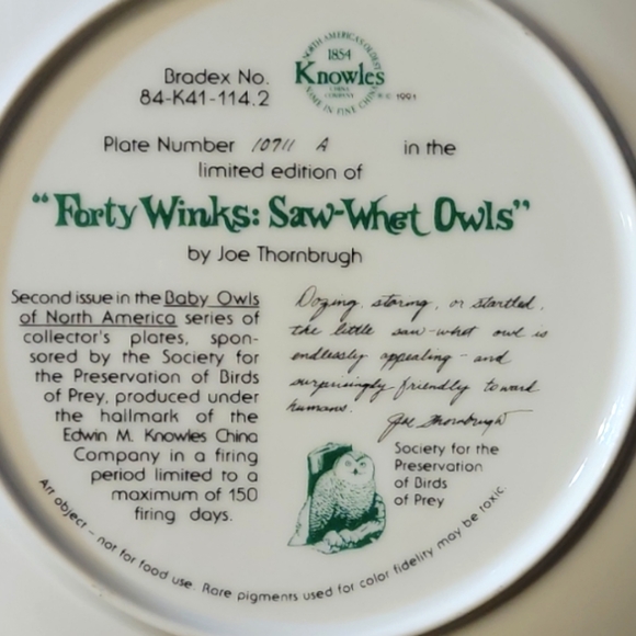 Vtg Plate 40 Winks:Saw-Whet-Owls Joe Thornbrugh #10711A - Picture 3 of 3